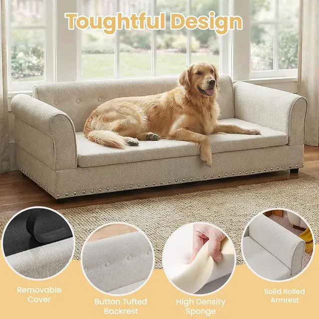 Alt view image 4 of 6 - Elevated Large Dog Bed with Removable Cushion, 55" Linen Fabric XL Dog Couch, Pet Sofa Bed with Backrest & Armrest for Large & Oversized Dogs, Washable Soft Cushion Cover, Rivet Decor, Beige