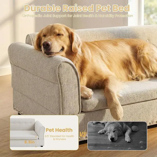 Alt view image 6 of 6 - Elevated Large Dog Bed with Removable Cushion, 55" Linen Fabric XL Dog Couch, Pet Sofa Bed with Backrest & Armrest for Large & Oversized Dogs, Washable Soft Cushion Cover, Rivet Decor, Beige