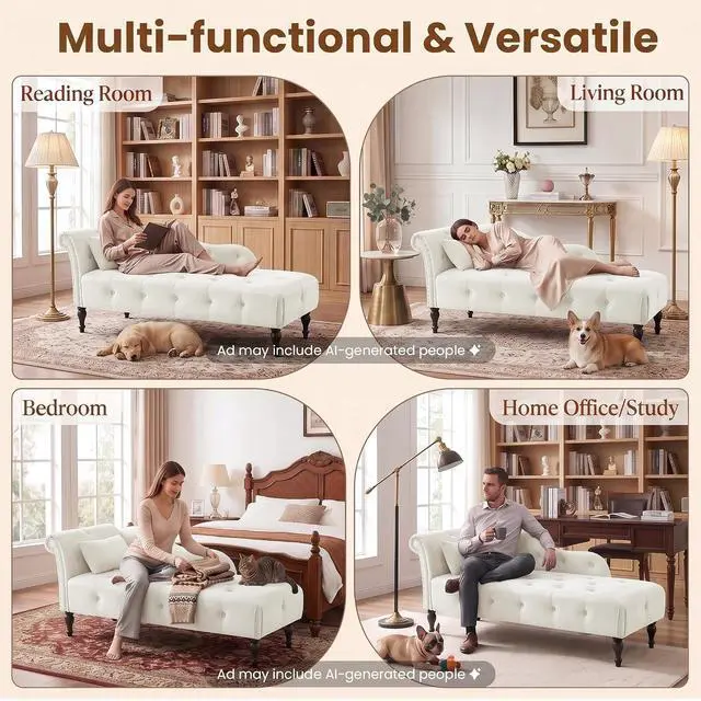 Alt view image 7 of 7 - 60.6" Buttons Tufted Chaise Lounge with Nailhead Trimmed Rolled Arm, White | Velvet Upholstered, Solid Wood Legs & 1 Pillow, Rolled Arm, Fainting Couch For Book Reading, Snapping in Small Spaces