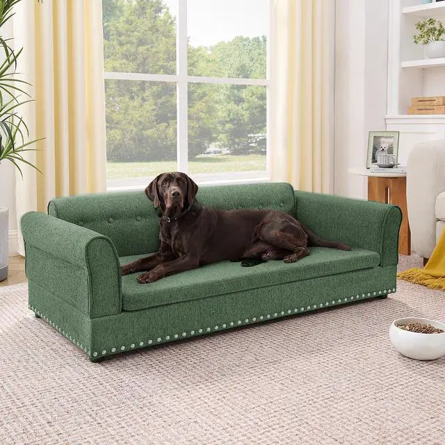 Main image of Elevated Large Dog Bed with Removable Cushion, 55" Linen Fabric XL Dog Couch, Pet Sofa Bed with Backrest & Armrest for Large & Oversized Dogs, Washable Soft Cushion Cover, Rivet Decor, Olive Green