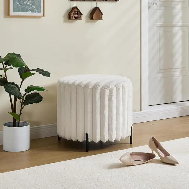 Alt view image 4 of 6 - Faux Fur Upholstered Round Pouf Ottoman, Foot Rest with Black Metal Legs, Small Footstool Ottoman, Entryway Bench for Living Room Bedroom, Beige