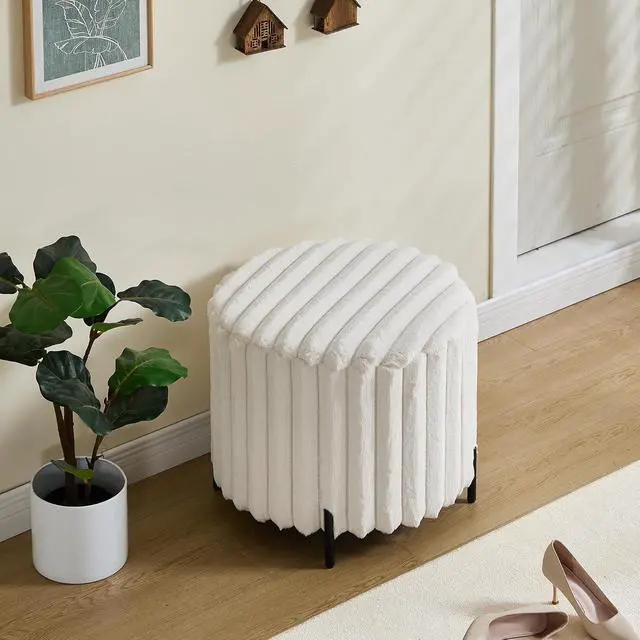 Alt view image 3 of 6 - Faux Fur Upholstered Round Pouf Ottoman, Foot Rest with Black Metal Legs, Small Footstool Ottoman, Entryway Bench for Living Room Bedroom, Beige