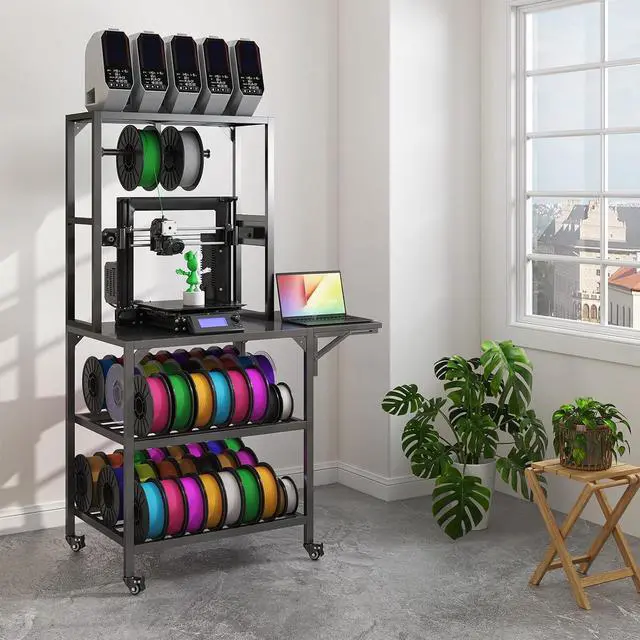 Main image of Heavy Duty 3D Printer Stand with Lockable Wheels, 3D Printer Table with Filament Storage Rack, T-Shaped Filament Holder, Side Desk, Accessories Workbench for Printing Studio, Home Office Workshop