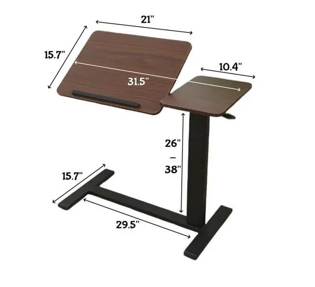 Alt view image 2 of 7 - Portable Overbed Rolling Desk, Height Adjustable Mobile Standing Table, Foldable 31 Inch Small Laptop Bedside Desk with Tiltable Desktop, Hidden Wheels, Tray Table for Bed Sofa Side, Walnut+Black
