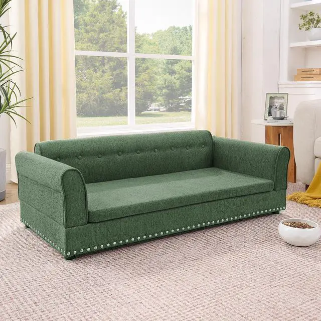 Alt view image 3 of 7 - Elevated Large Dog Bed with Removable Cushion, 55" Linen Fabric XL Dog Couch, Pet Sofa Bed with Backrest & Armrest for Large & Oversized Dogs, Washable Soft Cushion Cover, Rivet Decor, Olive Green