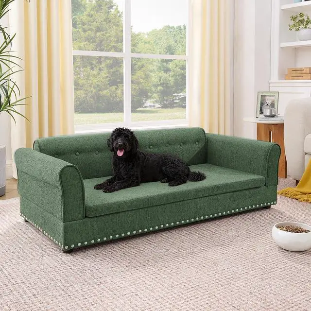 Alt view image 2 of 7 - Elevated Large Dog Bed with Removable Cushion, 55" Linen Fabric XL Dog Couch, Pet Sofa Bed with Backrest & Armrest for Large & Oversized Dogs, Washable Soft Cushion Cover, Rivet Decor, Olive Green