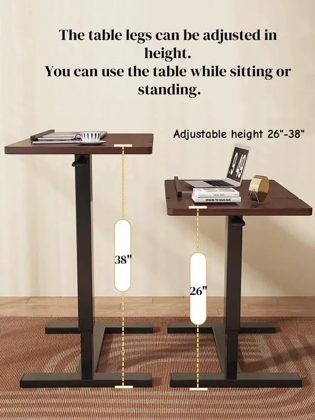 Alt view image 3 of 7 - Portable Overbed Rolling Desk, Height Adjustable Mobile Standing Table, Foldable 31 Inch Small Laptop Bedside Desk with Tiltable Desktop, Hidden Wheels, Tray Table for Bed Sofa Side, Walnut+Black