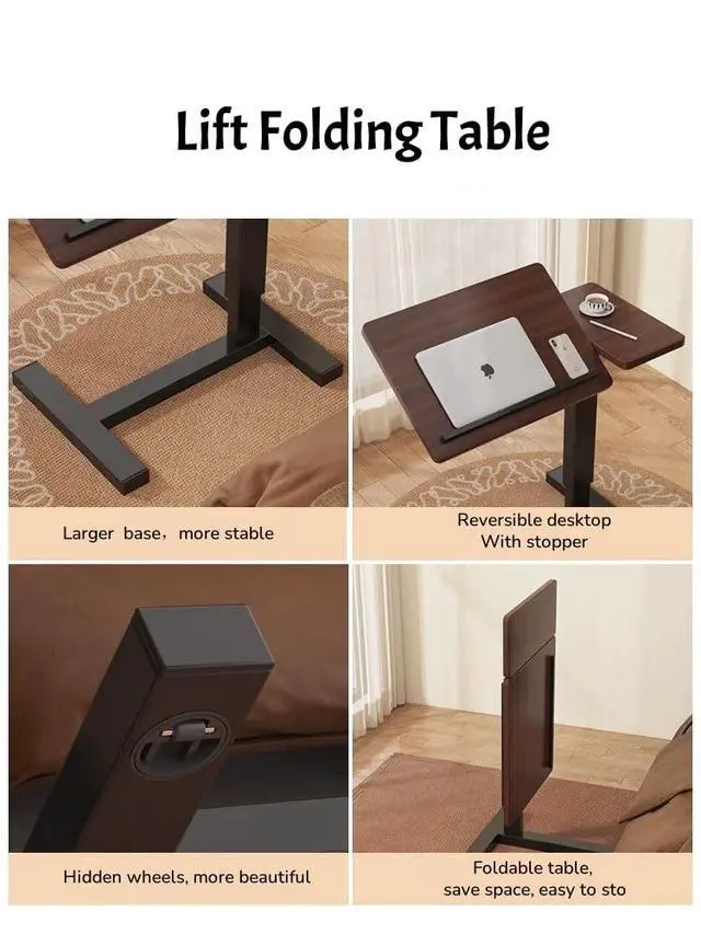 Alt view image 4 of 7 - Portable Overbed Rolling Desk, Height Adjustable Mobile Standing Table, Foldable 31 Inch Small Laptop Bedside Desk with Tiltable Desktop, Hidden Wheels, Tray Table for Bed Sofa Side, Walnut+Black