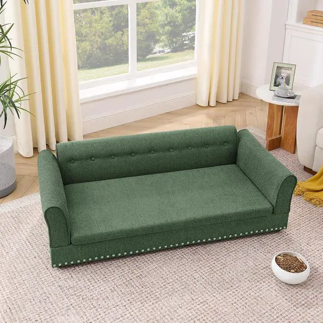 Alt view image 4 of 7 - Elevated Large Dog Bed with Removable Cushion, 55" Linen Fabric XL Dog Couch, Pet Sofa Bed with Backrest & Armrest for Large & Oversized Dogs, Washable Soft Cushion Cover, Rivet Decor, Olive Green