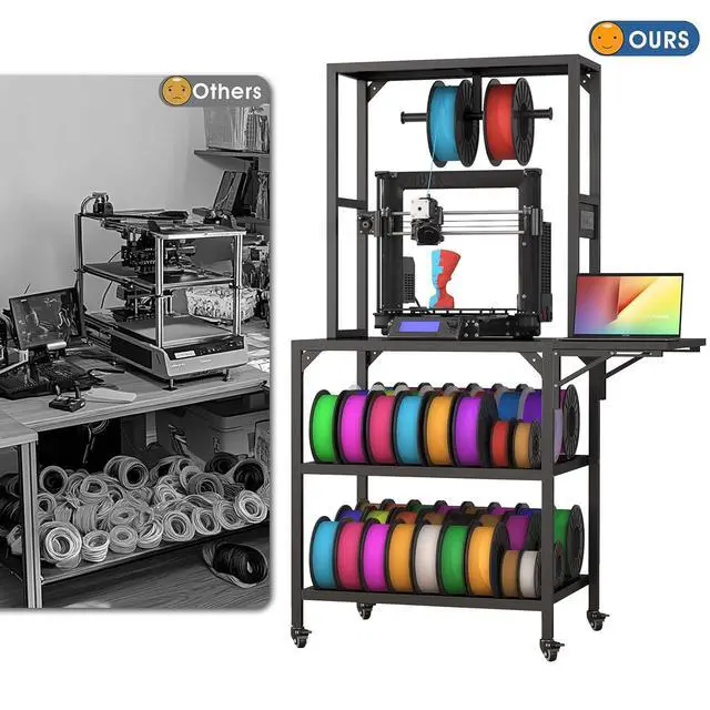 Alt view image 5 of 7 - Heavy Duty 3D Printer Stand with Lockable Wheels, 3D Printer Table with Filament Storage Rack, T-Shaped Filament Holder, Side Desk, Accessories Workbench for Printing Studio, Home Office Workshop