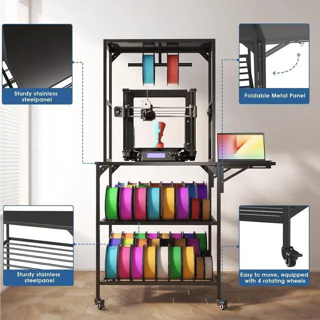 Alt view image 6 of 7 - Heavy Duty 3D Printer Stand with Lockable Wheels, 3D Printer Table with Filament Storage Rack, T-Shaped Filament Holder, Side Desk, Accessories Workbench for Printing Studio, Home Office Workshop
