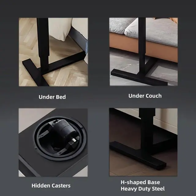 Alt view image 6 of 7 - Portable Overbed Rolling Desk, Height Adjustable Mobile Standing Table, Foldable 31 Inch Small Laptop Bedside Desk with Tiltable Desktop, Hidden Wheels, Tray Table for Bed Sofa Side, Walnut+Black