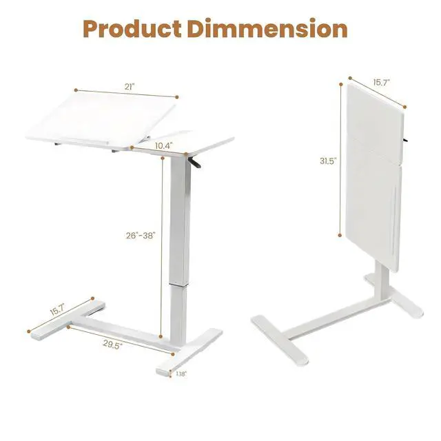 Alt view image 2 of 7 - Portable Overbed Rolling Desk, Height Adjustable Mobile Standing Table, Foldable 31 Inch Small Laptop Bedside Desk with Tiltable Desktop, Hidden Wheels, Tray Table for Bed Sofa Side, White