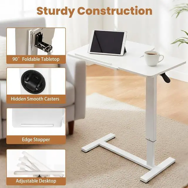 Alt view image 3 of 7 - Portable Overbed Rolling Desk, Height Adjustable Mobile Standing Table, Foldable 31 Inch Small Laptop Bedside Desk with Tiltable Desktop, Hidden Wheels, Tray Table for Bed Sofa Side, White