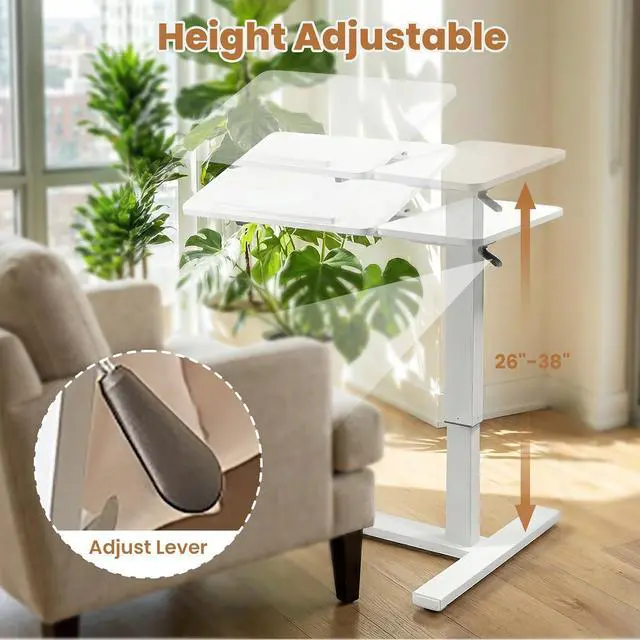 Alt view image 4 of 7 - Portable Overbed Rolling Desk, Height Adjustable Mobile Standing Table, Foldable 31 Inch Small Laptop Bedside Desk with Tiltable Desktop, Hidden Wheels, Tray Table for Bed Sofa Side, White