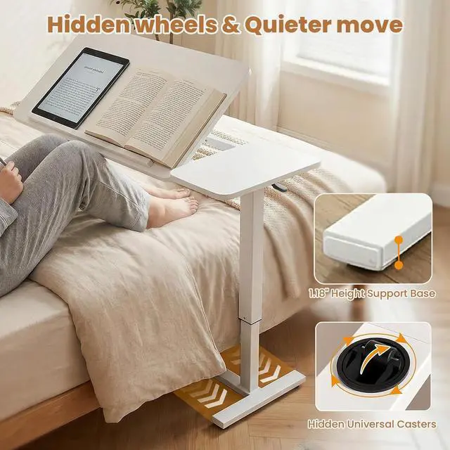 Alt view image 5 of 7 - Portable Overbed Rolling Desk, Height Adjustable Mobile Standing Table, Foldable 31 Inch Small Laptop Bedside Desk with Tiltable Desktop, Hidden Wheels, Tray Table for Bed Sofa Side, White