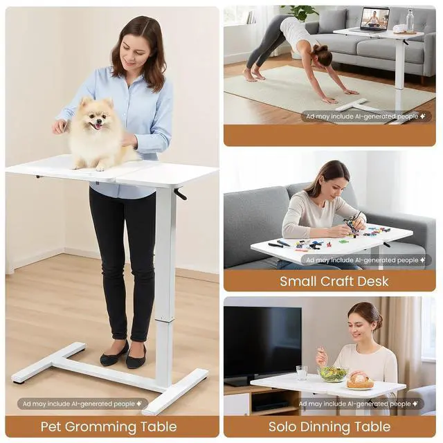 Alt view image 6 of 7 - Portable Overbed Rolling Desk, Height Adjustable Mobile Standing Table, Foldable 31 Inch Small Laptop Bedside Desk with Tiltable Desktop, Hidden Wheels, Tray Table for Bed Sofa Side, White