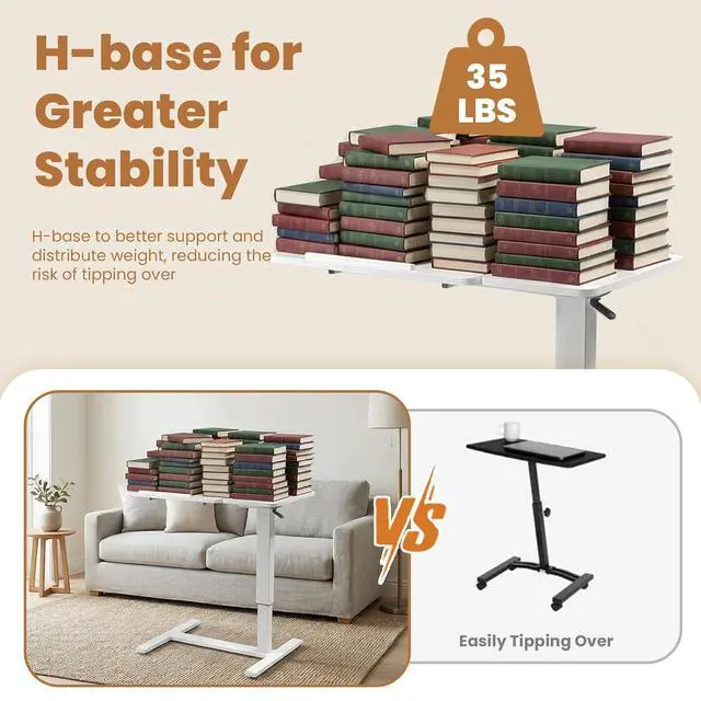 Alt view image 7 of 7 - Portable Overbed Rolling Desk, Height Adjustable Mobile Standing Table, Foldable 31 Inch Small Laptop Bedside Desk with Tiltable Desktop, Hidden Wheels, Tray Table for Bed Sofa Side, White