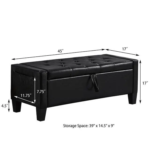 Alt view image 2 of 7 - 45" Bedroom Ottoman Bench with Lift-Top Lid, PU Leather Upholstered Storage Bench with Side Pocket,350lbs Weight Capacity, Comfy Button Tufted Entryway Foot Stool for End of Bed, Living Room, Black