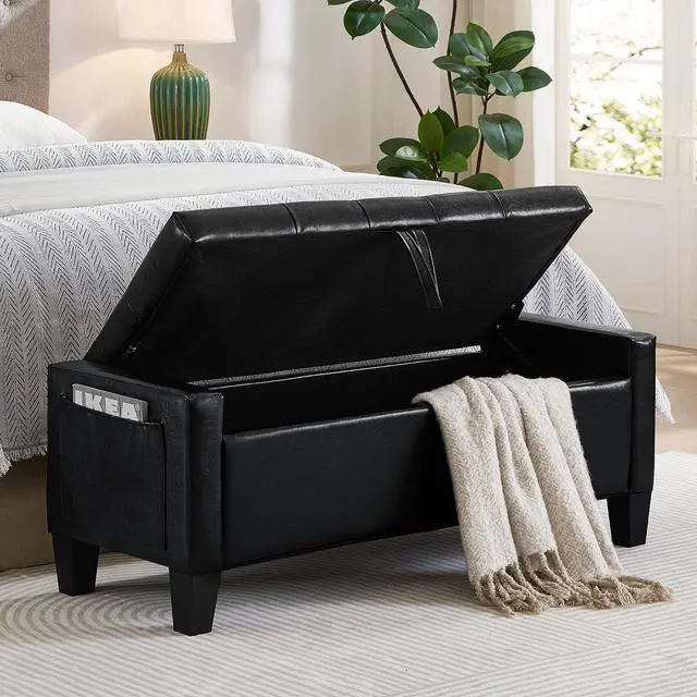 Main image of 45" Bedroom Ottoman Bench with Lift-Top Lid, PU Leather Upholstered Storage Bench with Side Pocket,350lbs Weight Capacity, Comfy Button Tufted Entryway Foot Stool for End of Bed, Living Room, Black