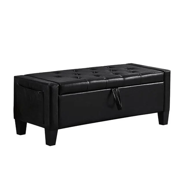 Alt view image 6 of 7 - 45" Bedroom Ottoman Bench with Lift-Top Lid, PU Leather Upholstered Storage Bench with Side Pocket,350lbs Weight Capacity, Comfy Button Tufted Entryway Foot Stool for End of Bed, Living Room, Black