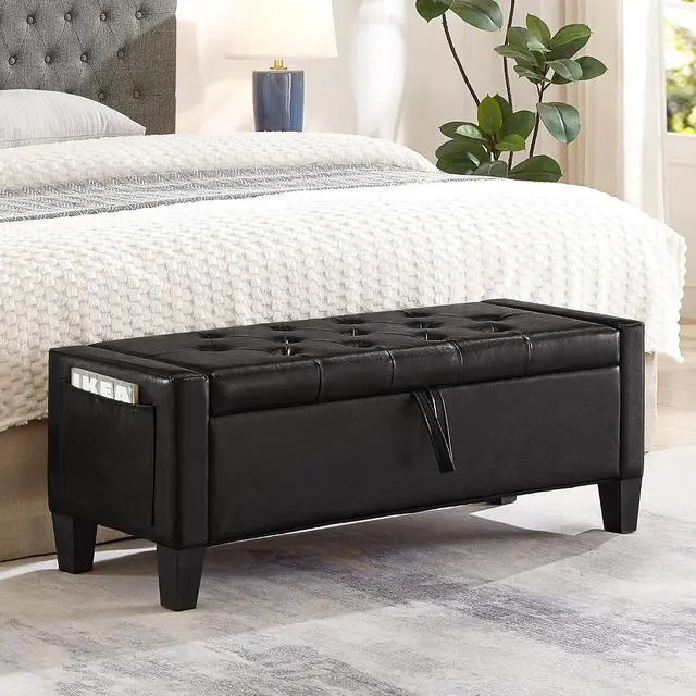 Alt view image 3 of 7 - 45" Bedroom Ottoman Bench with Lift-Top Lid, PU Leather Upholstered Storage Bench with Side Pocket,350lbs Weight Capacity, Comfy Button Tufted Entryway Foot Stool for End of Bed, Living Room, Black