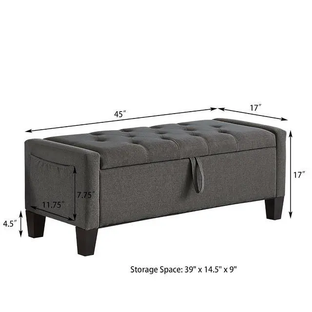 Alt view image 2 of 7 - 45" Bedroom Ottoman Bench with Lift-Top Lid, PU Leather Upholstered Storage Bench with Side Pocket, 350 lbs Weight Capacity, Button Tufted Entryway Foot Stool for End of Bed, Living Room, Dark Gray