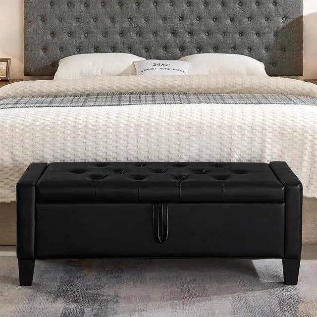 Alt view image 4 of 7 - 45" Bedroom Ottoman Bench with Lift-Top Lid, PU Leather Upholstered Storage Bench with Side Pocket,350lbs Weight Capacity, Comfy Button Tufted Entryway Foot Stool for End of Bed, Living Room, Black