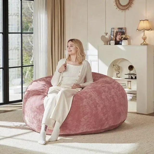 Alt view image 4 of 5 - 4FT Giant Bean Bag Chair, Memory Foam Lounge Chair for Adult and Teen, Comfy Floor Lazy Sofa with Removable Flannel Cover, Round BeanBag for Living Room, Bedroom, College Dorm, Pink
