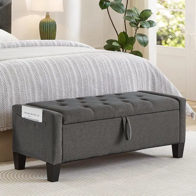 Alt view image 3 of 7 - 45" Bedroom Ottoman Bench with Lift-Top Lid, PU Leather Upholstered Storage Bench with Side Pocket, 350 lbs Weight Capacity, Button Tufted Entryway Foot Stool for End of Bed, Living Room, Dark Gray