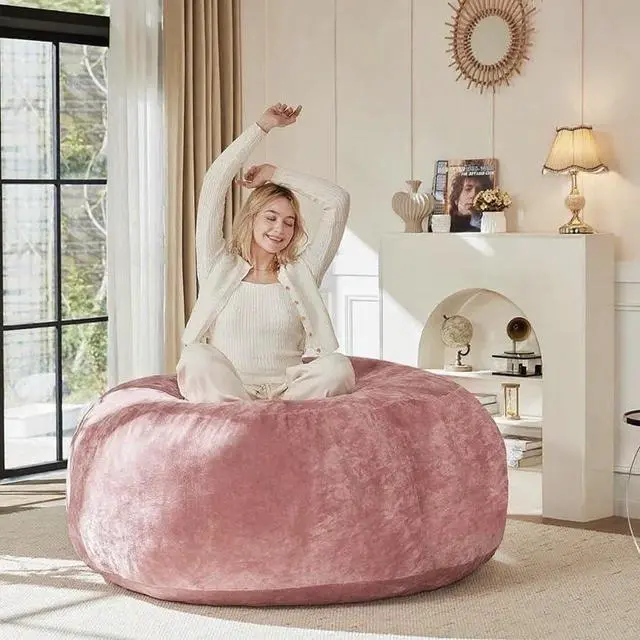 Main image of 4FT Giant Bean Bag Chair, Memory Foam Lounge Chair for Adult and Teen, Comfy Floor Lazy Sofa with Removable Flannel Cover, Round BeanBag for Living Room, Bedroom, College Dorm, Pink