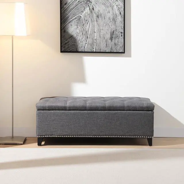 Alt view image 4 of 7 - Button Tufted End of Bed Storage Bench, 47.5" Linen Upholstered Ottoman with Safety Close Hinge, Window Bench Entryway Footstool with for Living Room, Hallway, Bedroom, Hold up to 350lbs, Dark Grey