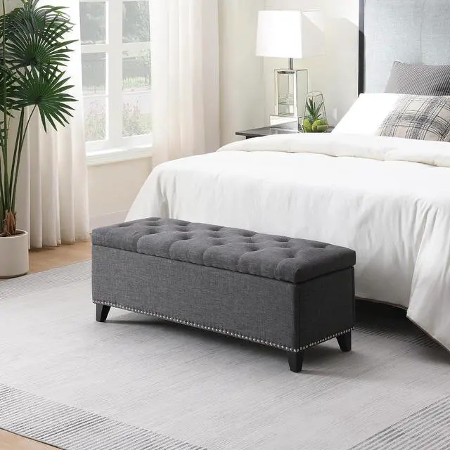 Main image of Button Tufted End of Bed Storage Bench, 47.5" Linen Upholstered Ottoman with Safety Close Hinge, Window Bench Entryway Footstool with for Living Room, Hallway, Bedroom, Hold up to 350lbs, Dark Grey