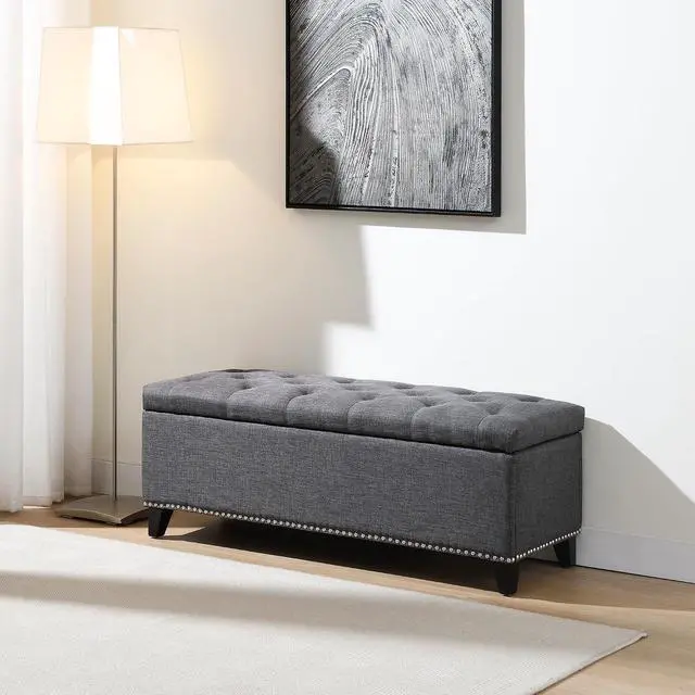 Alt view image 5 of 7 - Button Tufted End of Bed Storage Bench, 47.5" Linen Upholstered Ottoman with Safety Close Hinge, Window Bench Entryway Footstool with for Living Room, Hallway, Bedroom, Hold up to 350lbs, Dark Grey