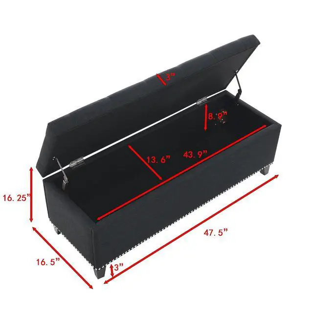 Alt view image 2 of 7 - Button Tufted End of Bed Storage Bench, 47.5" Linen Upholstered Ottoman with Safety Close Hinge, Window Bench Entryway Footstool with for Living Room, Hallway, Bedroom, Hold up to 350lbs, Black