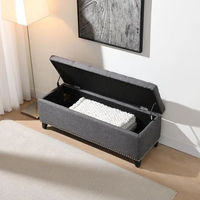 Alt view image 3 of 7 - Button Tufted End of Bed Storage Bench, 47.5" Linen Upholstered Ottoman with Safety Close Hinge, Window Bench Entryway Footstool with for Living Room, Hallway, Bedroom, Hold up to 350lbs, Dark Grey