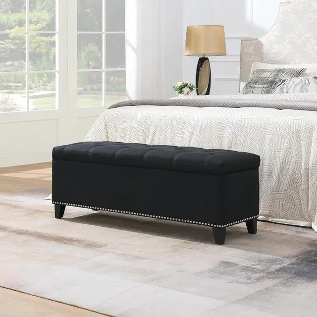 Main image of Button Tufted End of Bed Storage Bench, 47.5" Linen Upholstered Ottoman with Safety Close Hinge, Window Bench Entryway Footstool with for Living Room, Hallway, Bedroom, Hold up to 350lbs, Black