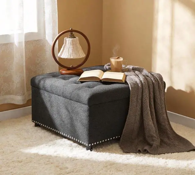 Main image of 30" Ottoman Coffee Table with Removable Lid, Tufted Square Storage Ottoman with Nailhead Trim Decor, Upholstered Bench, Small Space Side Table, Footstool for Living Room, Bedroom, Office, Dark Gray
