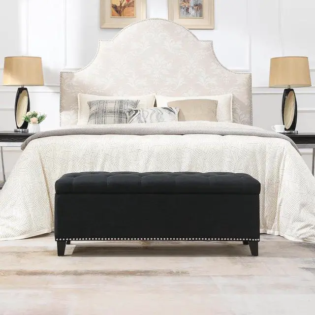 Alt view image 3 of 7 - Button Tufted End of Bed Storage Bench, 47.5" Linen Upholstered Ottoman with Safety Close Hinge, Window Bench Entryway Footstool with for Living Room, Hallway, Bedroom, Hold up to 350lbs, Black