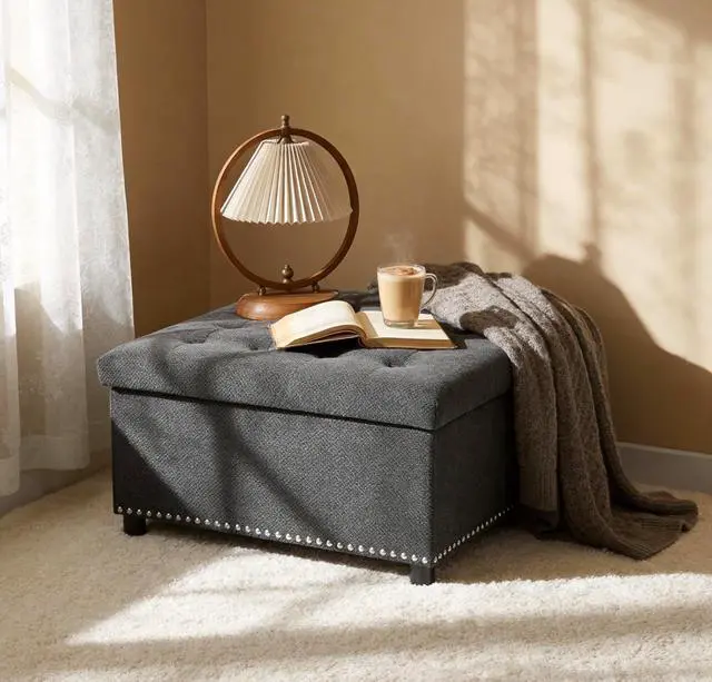 Alt view image 3 of 7 - 30" Ottoman Coffee Table with Removable Lid, Tufted Square Storage Ottoman with Nailhead Trim Decor, Upholstered Bench, Small Space Side Table, Footstool for Living Room, Bedroom, Office, Dark Gray
