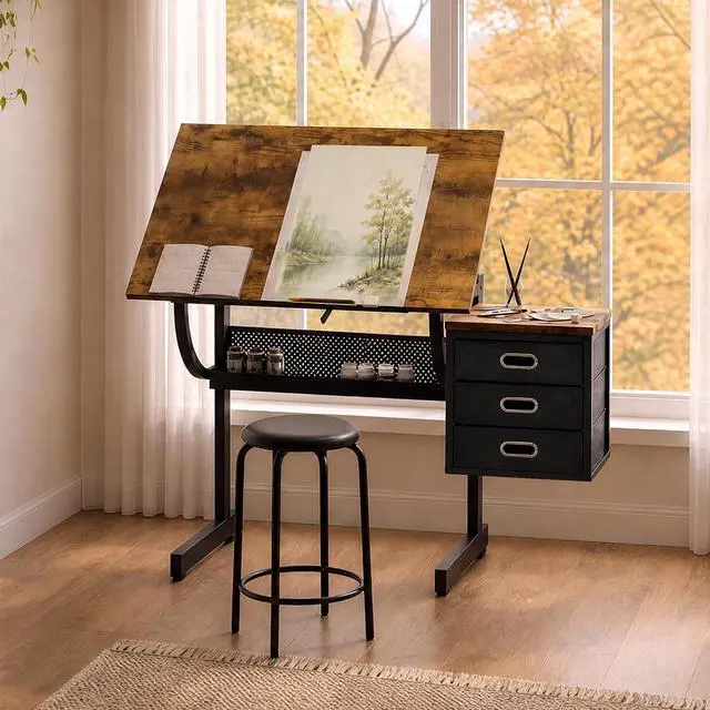 Main image of Adjustable Drafting Table with Drawers and Stool for Adults/Artists, Brown | Drawing Desk with Storage Shelf Side Table,Tabletop Angle Adjustable, Art Table Workstation for Painting Craft DIY