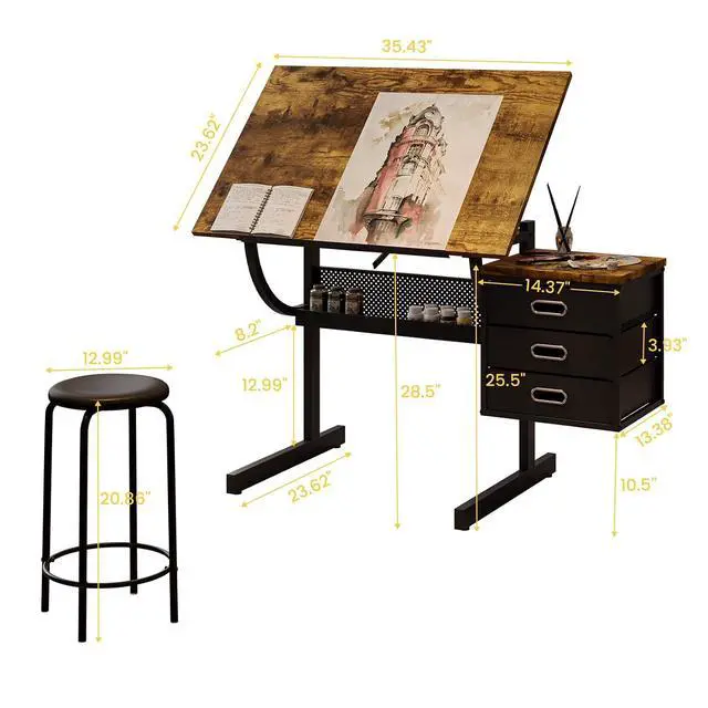 Alt view image 2 of 7 - Adjustable Drafting Table with Drawers and Stool for Adults/Artists, Brown | Drawing Desk with Storage Shelf Side Table,Tabletop Angle Adjustable, Art Table Workstation for Painting Craft DIY