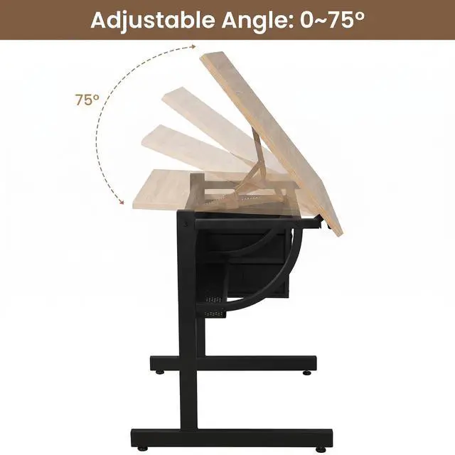 Alt view image 4 of 7 - Adjustable Drafting Table with Drawers and Stool for Adults/Artists, Brown | Drawing Desk with Storage Shelf Side Table,Tabletop Angle Adjustable, Art Table Workstation for Painting Craft DIY