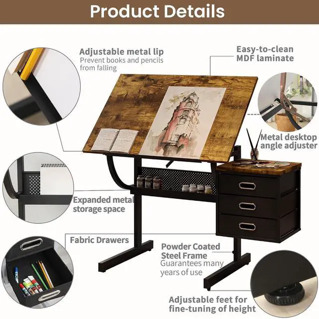 Alt view image 3 of 7 - Adjustable Drafting Table with Drawers and Stool for Adults/Artists, Brown | Drawing Desk with Storage Shelf Side Table,Tabletop Angle Adjustable, Art Table Workstation for Painting Craft DIY
