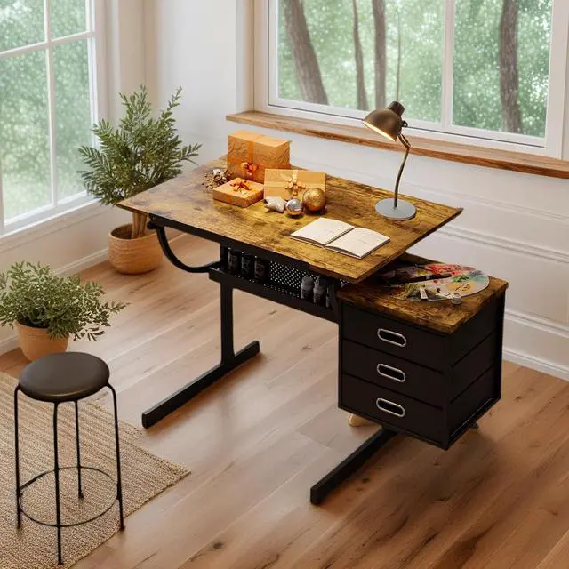 Alt view image 5 of 7 - Adjustable Drafting Table with Drawers and Stool for Adults/Artists, Brown | Drawing Desk with Storage Shelf Side Table,Tabletop Angle Adjustable, Art Table Workstation for Painting Craft DIY