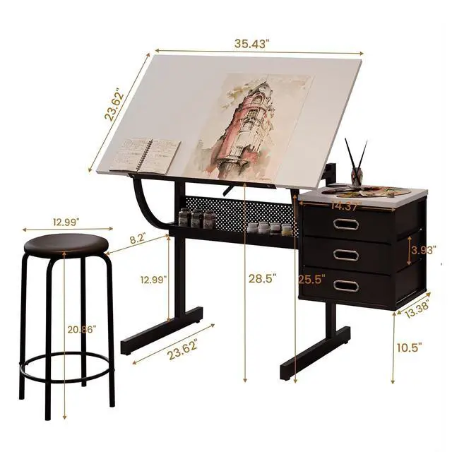 Alt view image 2 of 7 - Drafting Table with Storage for Adults/Artists, Drawing Art Desk with 3 Drawers and Stool,Tabletop Adjustable Art Table Workstation for Studio Home Office School,White | Drawing Desk with Storage Shel