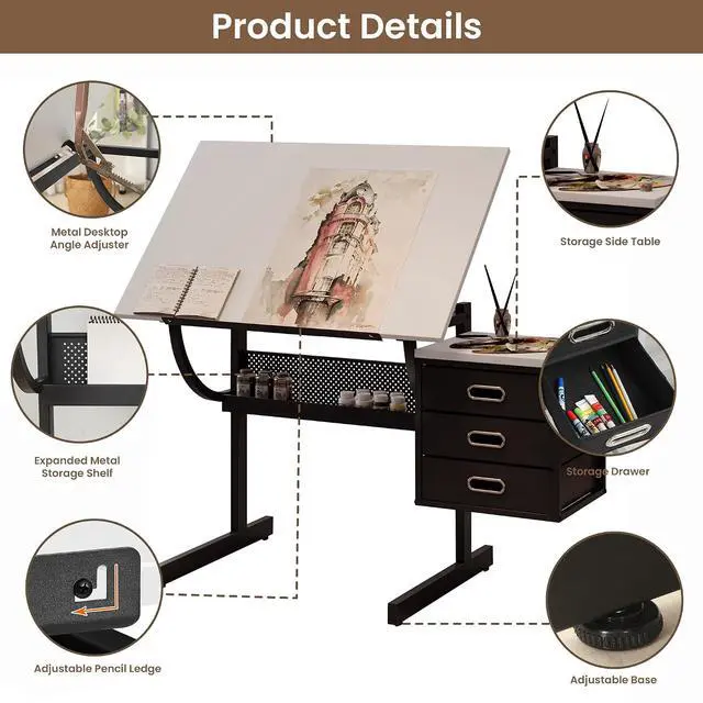Alt view image 3 of 7 - Drafting Table with Storage for Adults/Artists, Drawing Art Desk with 3 Drawers and Stool,Tabletop Adjustable Art Table Workstation for Studio Home Office School,White | Drawing Desk with Storage Shel