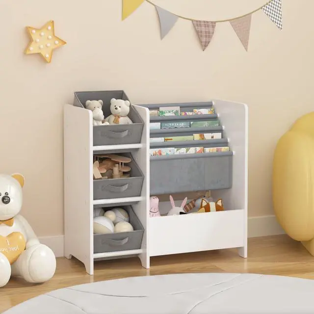 Main image of Wooden Bookshelf and Toy Storage Organizer, Multifunctional 4 Tier Sling Book Shelf with 3 Collapsible Fabric Drawers, Toys Box for Kids Room Playroom Bedroom Classroom