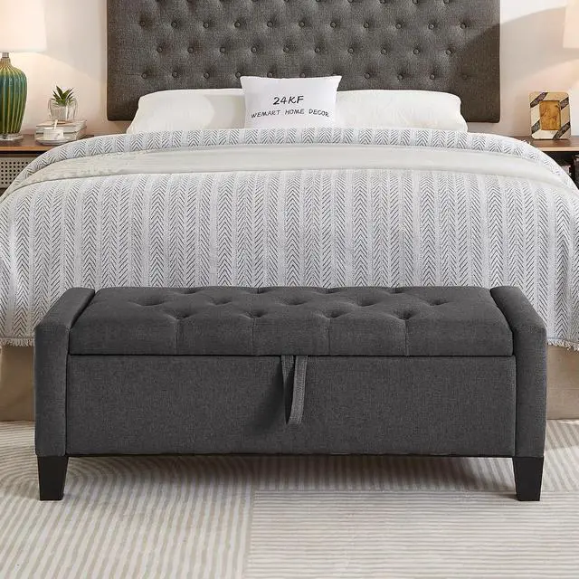 Alt view image 4 of 7 - 45" Bedroom Ottoman Bench with Lift-Top Lid, PU Leather Upholstered Storage Bench with Side Pocket, 350 lbs Weight Capacity, Button Tufted Entryway Foot Stool for End of Bed, Living Room, Dark Gray