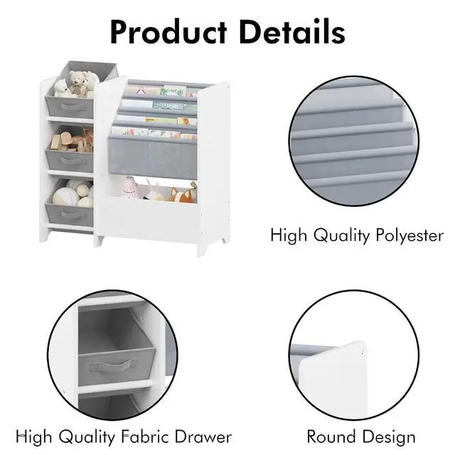 Alt view image 3 of 7 - Wooden Bookshelf and Toy Storage Organizer, Multifunctional 4 Tier Sling Book Shelf with 3 Collapsible Fabric Drawers, Toys Box for Kids Room Playroom Bedroom Classroom